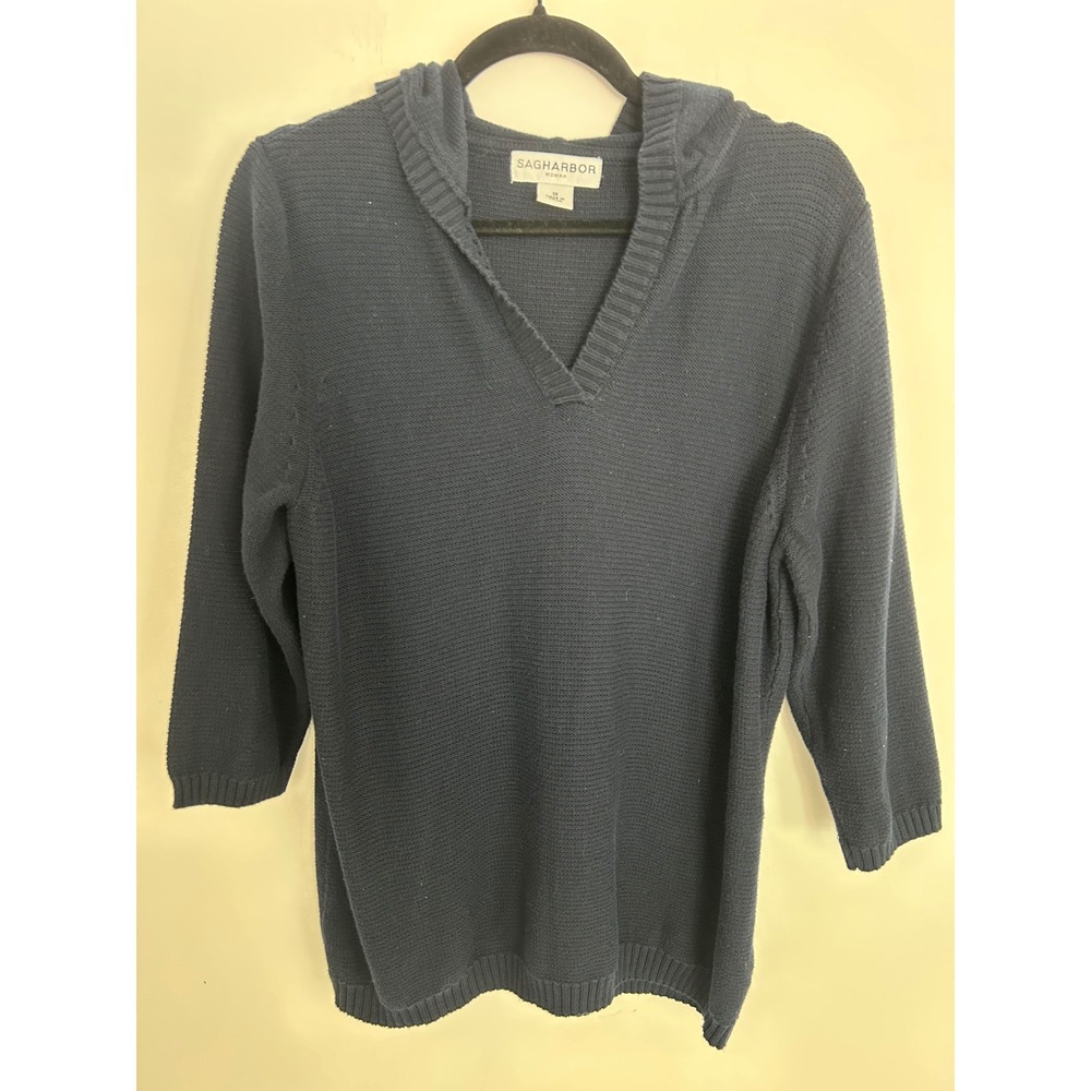 Sag Harbor Woman Navy Blue 100% Cotton Hooded V-Neck Sweater 1X Shaker Knit